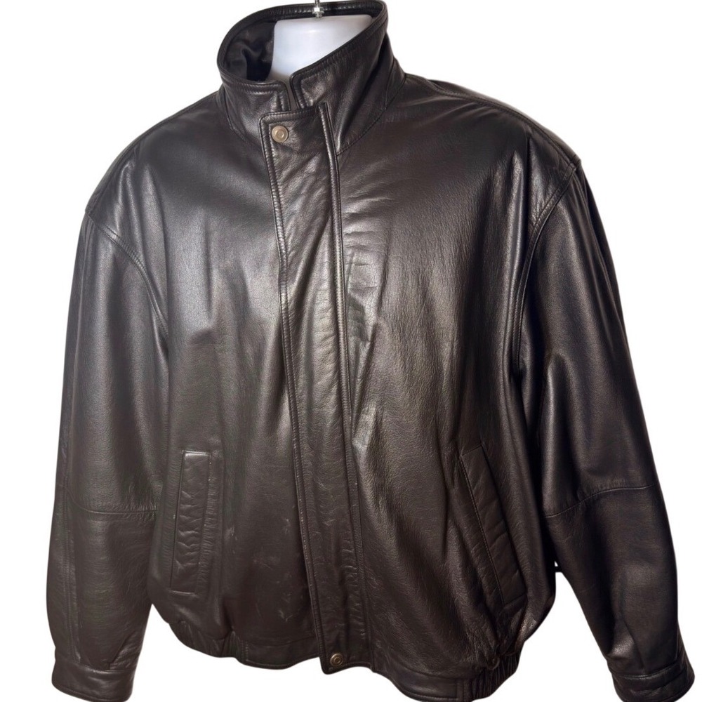 John Ashford Mens XL Black Cow Leather Bomber Jacket Full Zip Mock Neck RN 13711